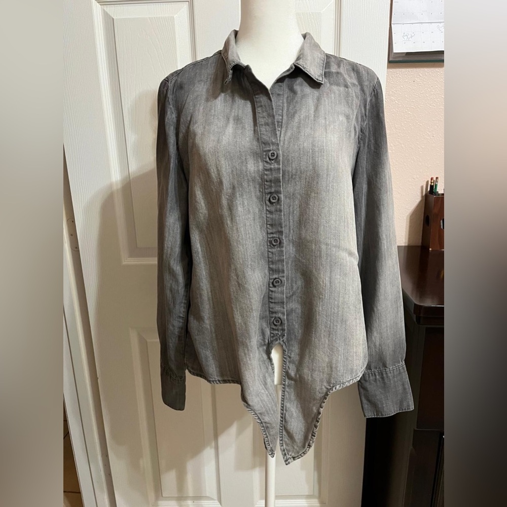 Close & Stone Grey denim button-up shirt with a unique asymmetrical design